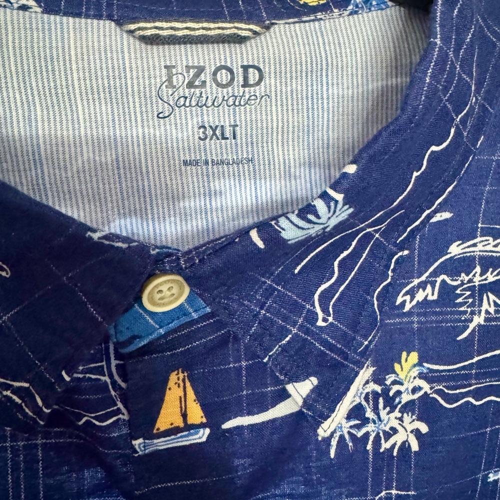 IZOD Men's Navy Tropical Print Shirt (New) - Picture 3 of 4